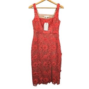 NWT Dress The Population Women's Red Square-Neck Lace Sheath Dress Size S